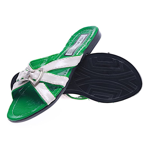 Biało zielone klapki na płaskim obcasie /H2 14341 T005/