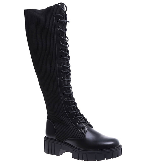 Czarne wysokie trapery glany z elastyczną cholewką / D7-3 15305 T592/