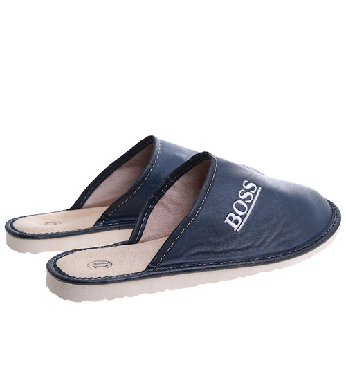 Skórzane męskie kapcie na prezent Granatowe /F1-1 7893 S196/