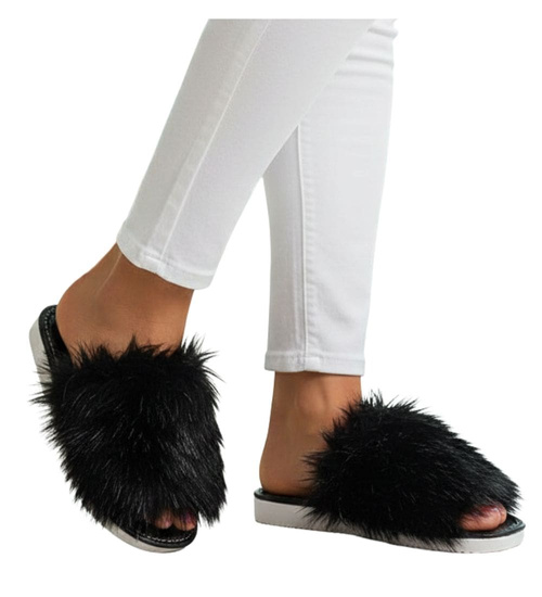 Klapki z futerkiem na grubym spodzie Czarne /E1-1 6925 S197/