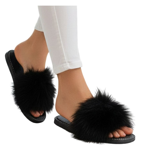 Czarne klapki z efektownym futerkiem /D5-1 2831 S197/