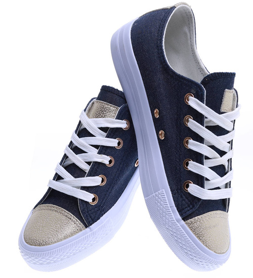 Sznurowane granatowe trampki ze złotymi noskami /F10-3 15805  T133/