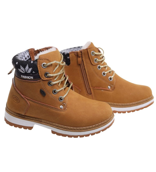  Ocieplane karmelowe botki trapery dziewczęce /G12-2 18296 T384/