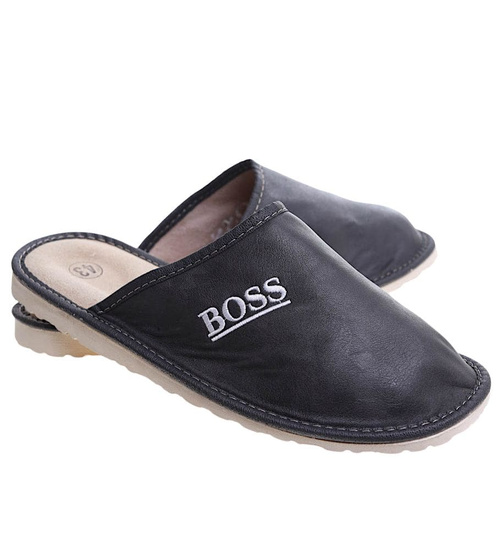 Skórzane kapcie męskie na prezent Boss Szary /E3-1 7890 S197/