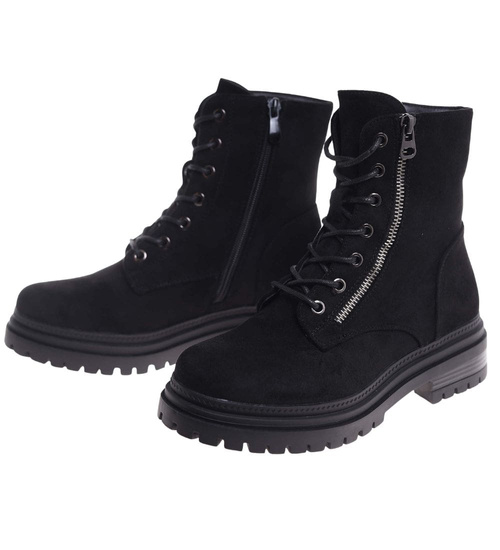 Czarne sznurowane botki trapery zamszowe /G8-3 18503 T444/