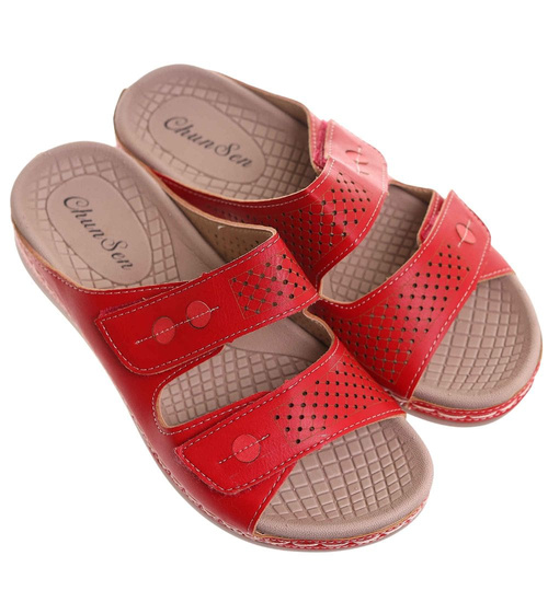 Czerwone klapki damskie na rzepy /B2-2 17859 T286/