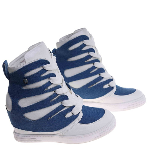 Sznurowane biało niebieskie trampki sneakersy koturnie /C4-3 18048 T284/