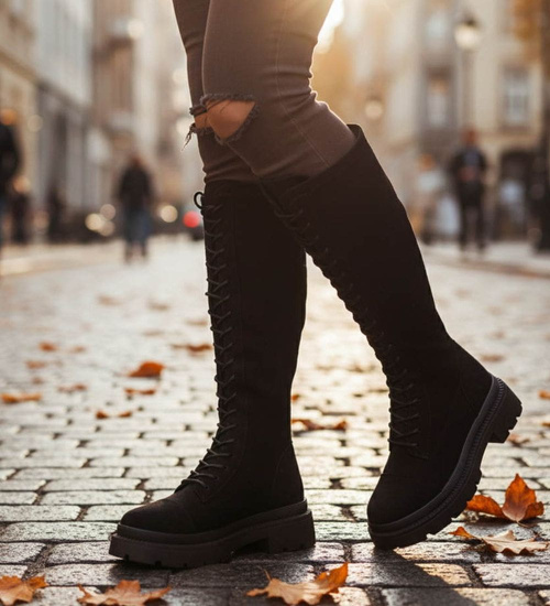 Zamszowe sznurowane botki glany Czarne /D9-3 18527 T499/