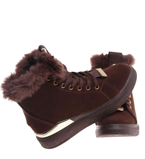 Czekoladowe zimowe trampki z kożuszkiem  /G11-3 18496 T7/
