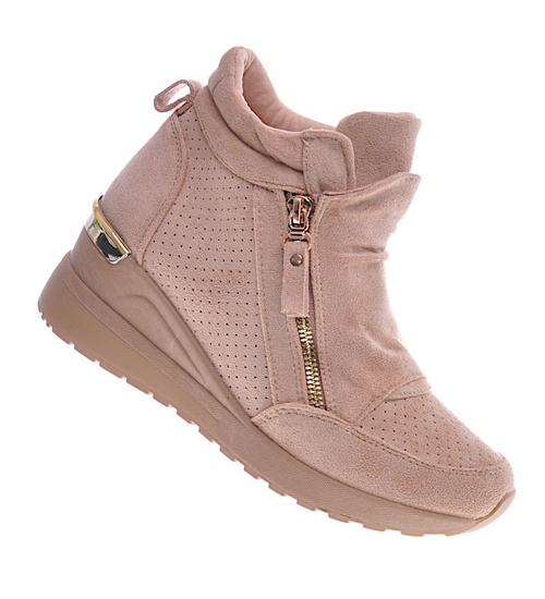 Beżowe sneakersy damskie na koturnie /E3-3 12827 T890/