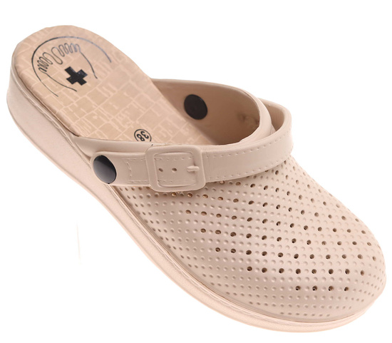 Beżowe kryte ażurowe klapki damskie /F3-1 17907 T189