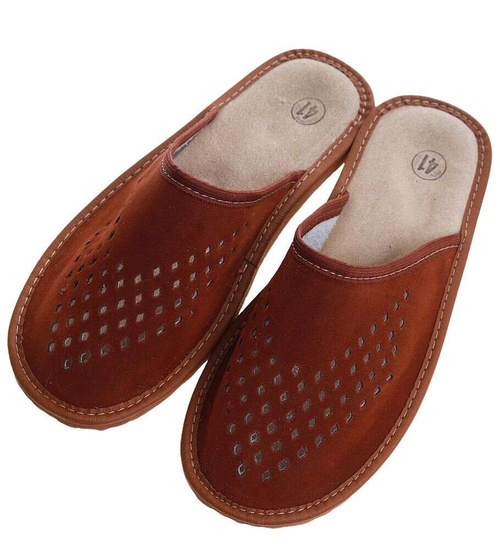 Męskie domowe kapcie ze skóry zamszowej Brązowe /F6-1 7929 S195/