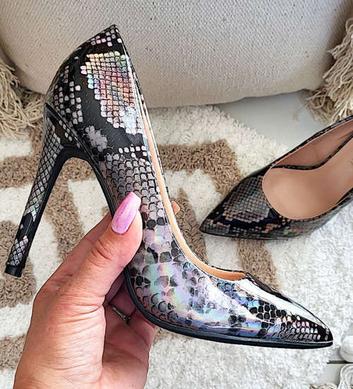 Czółenka szpilki z czarno srebrnym wzorem /D2-3 13516 T191/