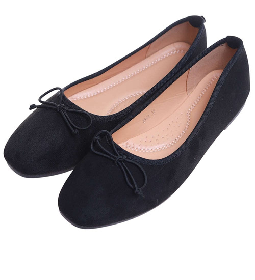 Zamszowe baleriny damskie z kokardą Czarne /G7-2 17560 G133/