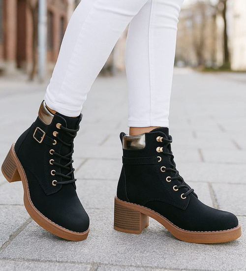 Czarne wiązane botki damskie zimowe /J5-2 18548 W2/