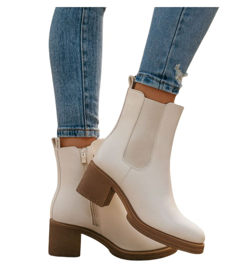 Beżowe botki damskie na grubym obcasie /J6-3 h2 18396 W3/