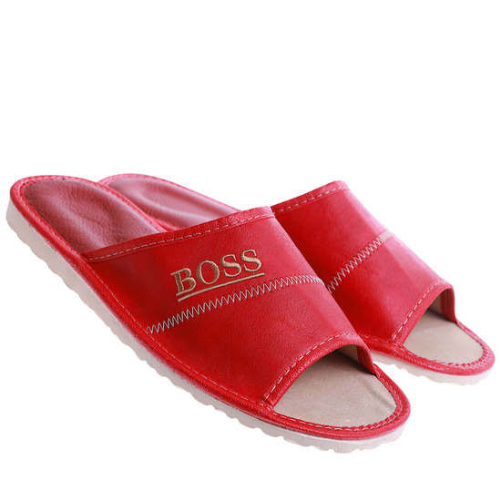 Skórzane męskie klapki domowe BOSS Czerwone /B5-1 17323 S199/