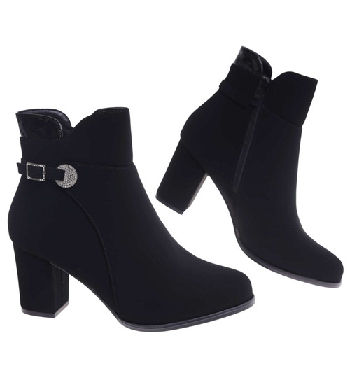 Eleganckie botki zimowe na obcasie czarne /C7-3 18571 W422/
