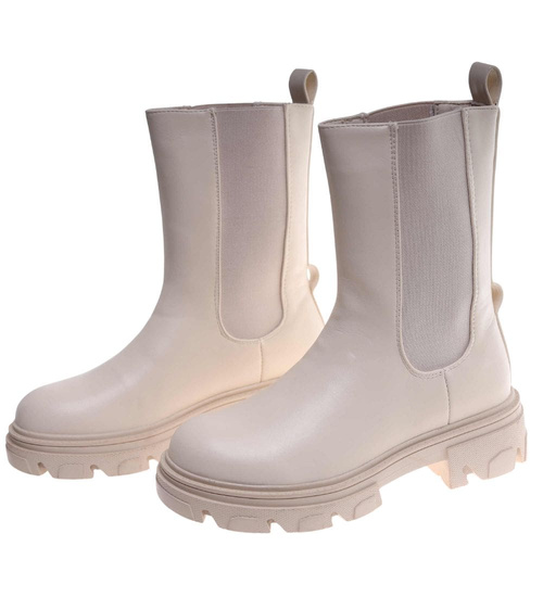 Beżowe botki sztyblety z łańcuchem /A3-3 12254 S798/