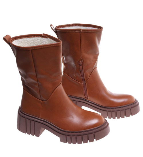 Wysokie karmelowe botki damskie z ociepleniem /E2-1 18229 T313/