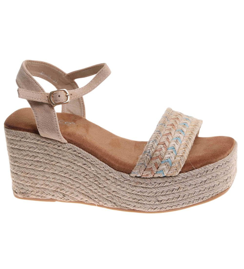 Beżowe sandały damskie na koturnie i platformie /C3-3 17931 G2/