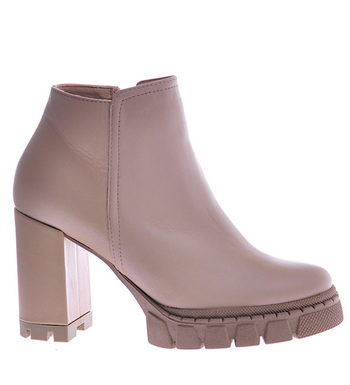 Beżowe skórzane damskie botki na obcasie /A10-3 12659 N0185/