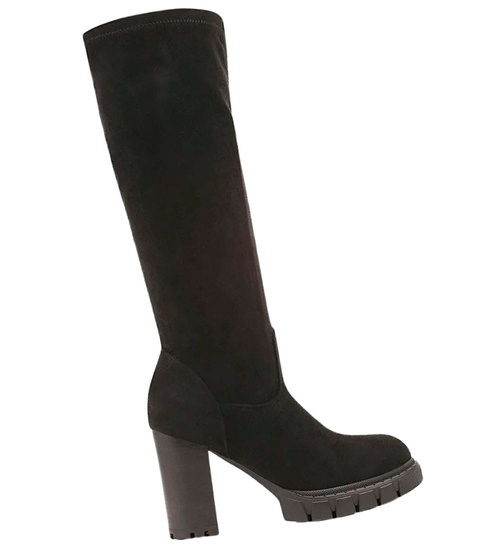 Czarne kozaki damskie na obcasie i platformie /A3-2 18433 T6/