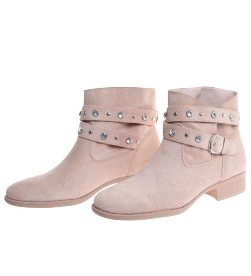 Zamszowe botki damskie beżowe /K3-3 18552 W222/