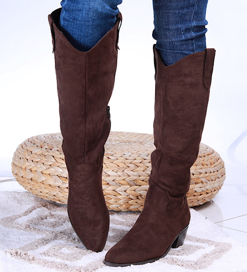 Brązowe kozaki kowbojki na niskim obcasie /F8-3 15234 T793/