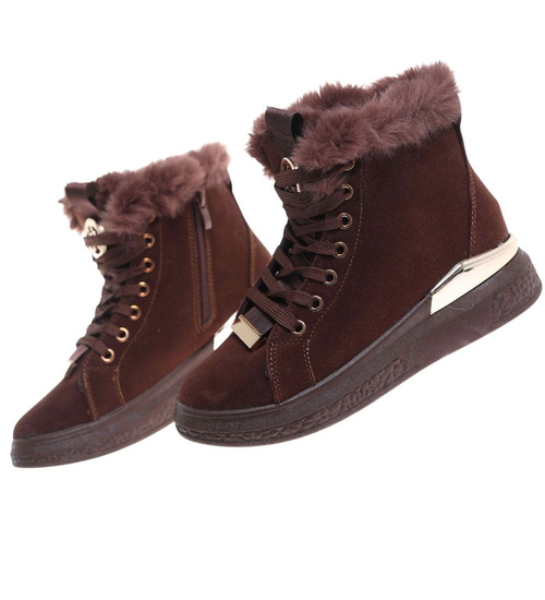 Czekoladowe zimowe trampki z kożuszkiem  /G11-3 18496 T7/