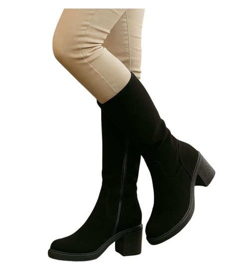 Czarne ocieplane kozaki damskie na obcasie i platformie /B5-1 18434 T6/