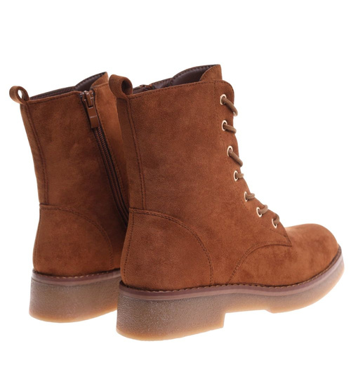 Karmelowe wiązane botki trapery zamszowe /E3-1 18388 W485/