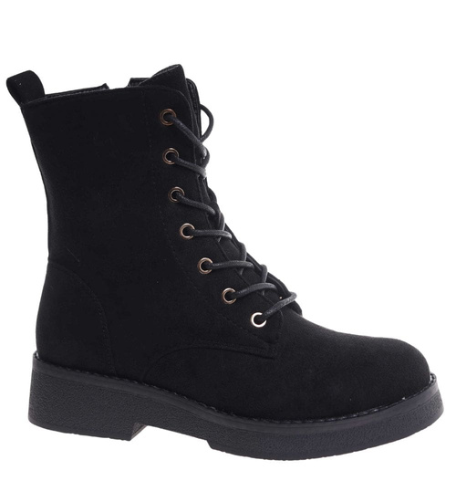 Czarne wiązane botki trapery zamszowe /A1-1 18389 W485/