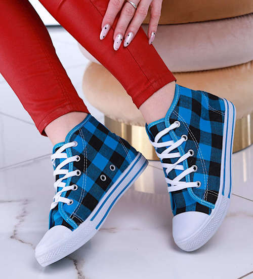 Wysokie damskie trampki z tkaniny w kratkę NIEBIESKIE /G6-2 7629 S097/