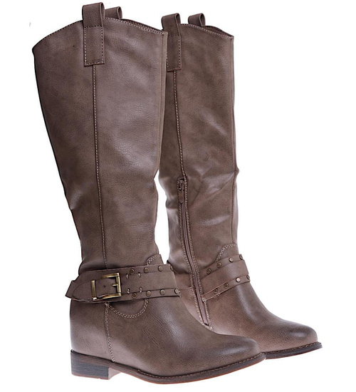 Ocieplane kozaki damskie na niskim koturnie Khaki /C5-2 15268 T522/