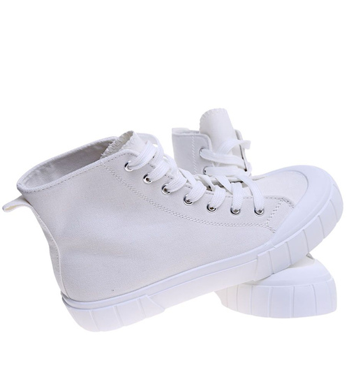 Białe wysokie trampki damskie z tkaniny /E9-3 15958 G157/