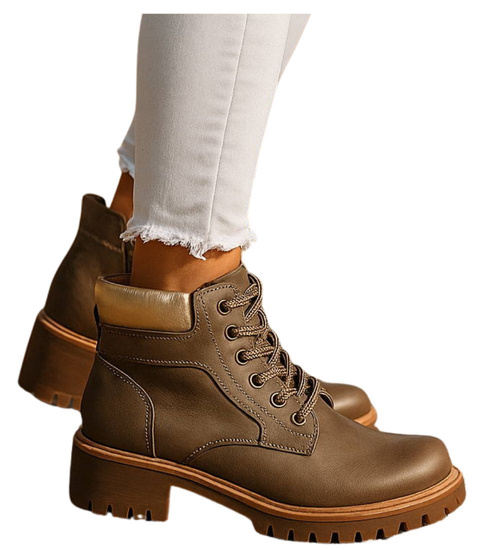 Sznurowane ocieplane botki trapery Khaki /F9-2 18277 W432/