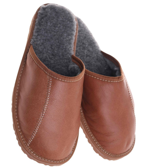 Skórzane kapcie męskie z wełną Brązowe /G8-1 18468 S197/