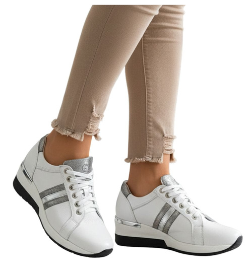 Sznurowane skórzane trampki damskie Białe /E7-3 9778 S154/