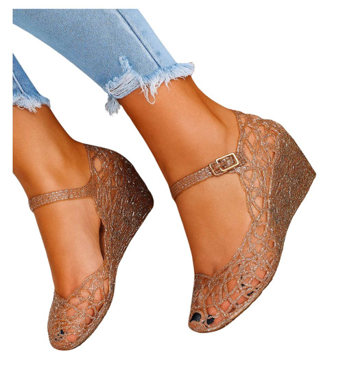 Wodoodporne sandały meliski na koturnie Złote Kryte /H2 14573 T088/