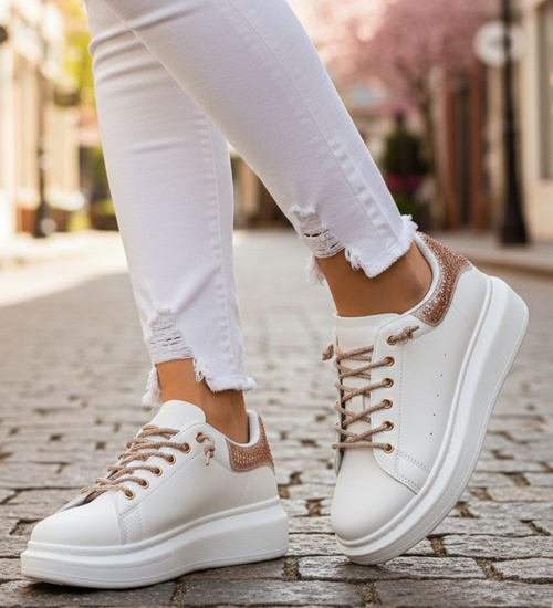 Biało złote trampki na platformie /F2-3 14621 T640/