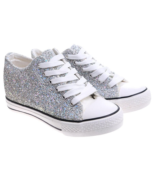 Srebrne trampki sneakersy na niskim koturnie /J4-2 16611 T094/