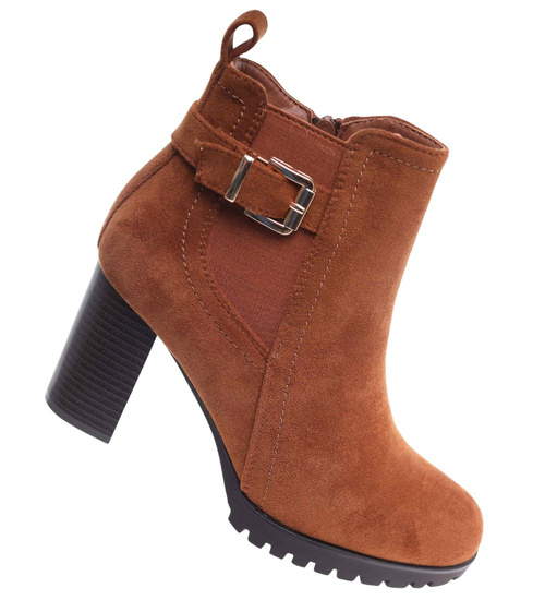 Botki damskie na obcasie Karmelowe /G3-3 18265 W327/