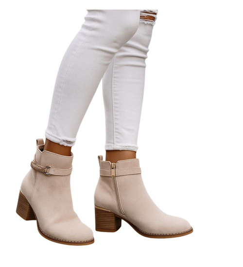 Botki damskie ocieplane na niskim obcasie Beżowe /F2-2 18239 W422/