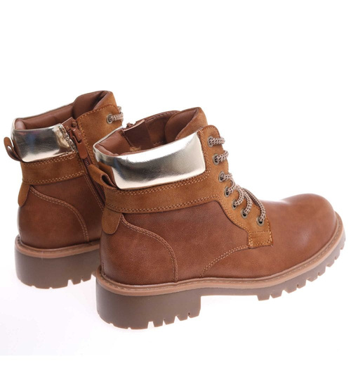 Sznurowane ocieplane botki trapery Karmelowe /E8-2 18266 W432/