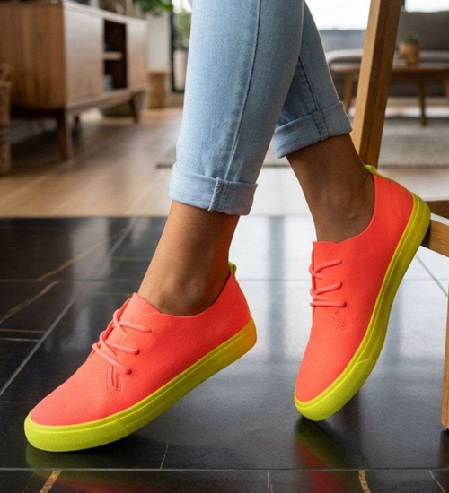 Pomarańczowe wiązane trampki damskie /E1-3 8895 S076/