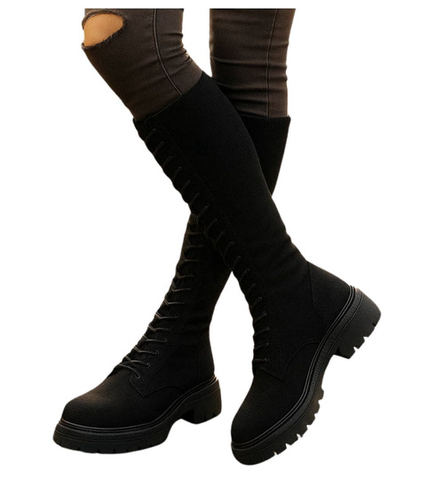 Zamszowe sznurowane botki glany Czarne /D8-3 18527 T499/