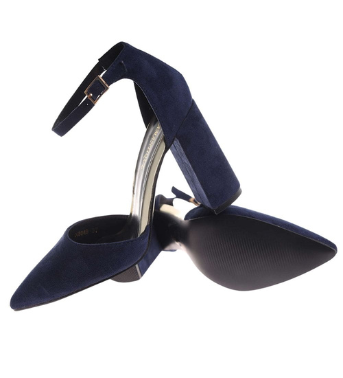 Granatowe czółenka damskie z paskiem /B5-3 17945 W152/