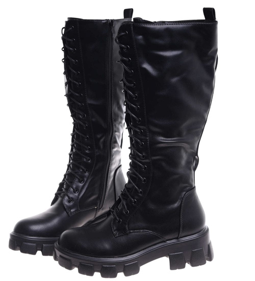 Wysokie wiązane glany damskie Czarne /A9-1 12550 T592/