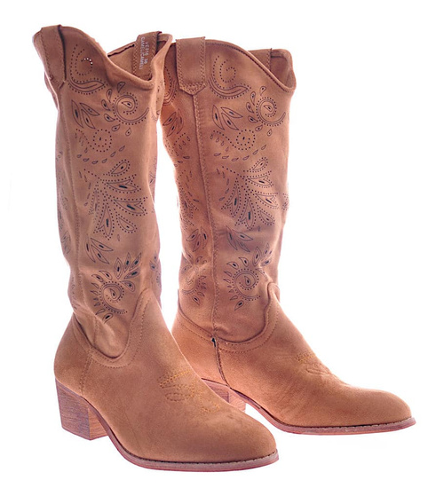 Camelowe zamszowe kozaki na słupku /E5-3 12511 T639/